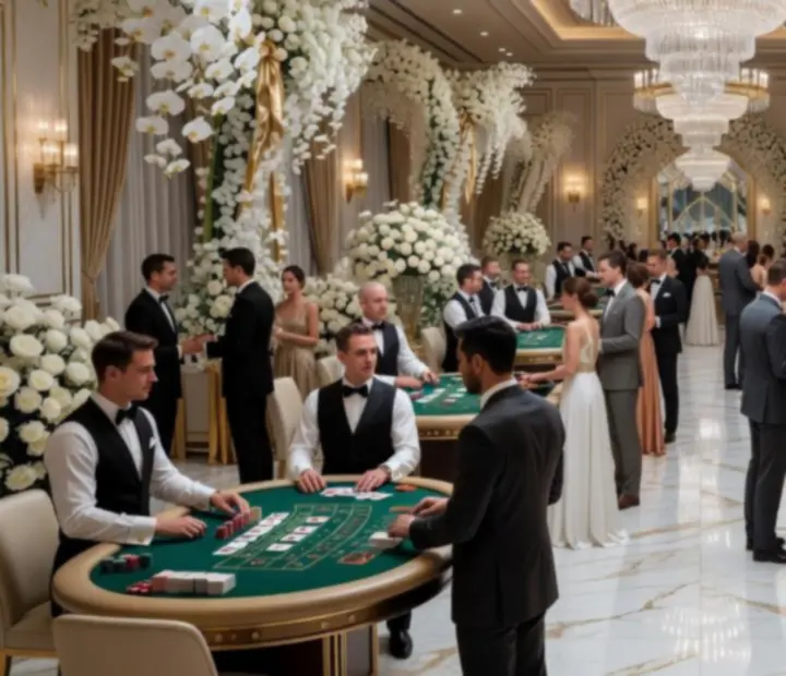 Kinowa sala balowa w stylu kasynowym z eleganckimi stołami pokerowymi i ruletką podczas luksusowego eventu.