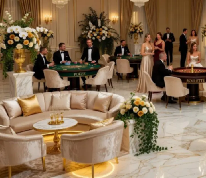Luksusowa kasynowa scenografia z eleganckimi stołami do gry i oświetleniem