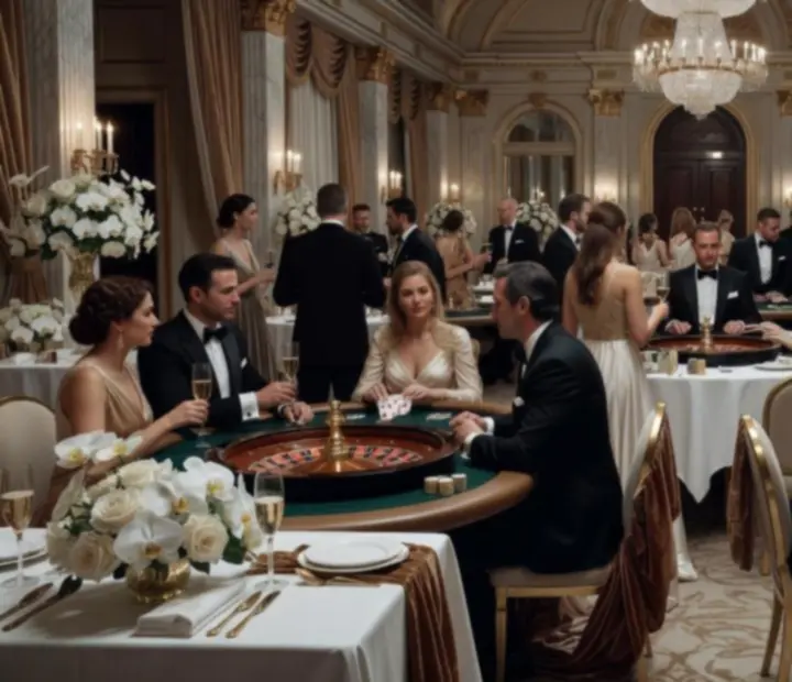 Elegancka sala eventowa Novakravelis z luksusowymi stołami do gier i gośćmi podczas wieczoru kasynowego bez hazardu