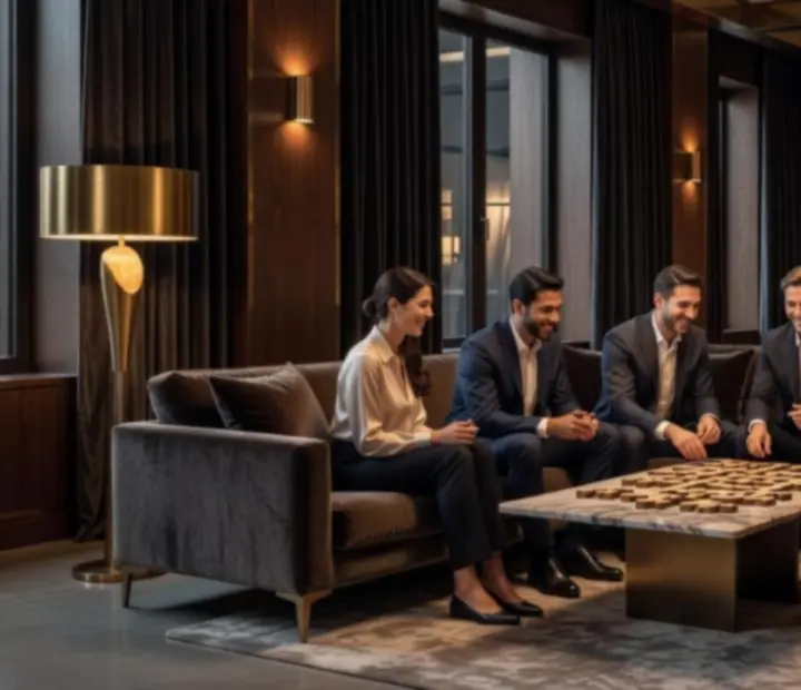 Zgrany zespół Novakravelis podczas integracyjnego spotkania w eleganckiej przestrzeni eventowej