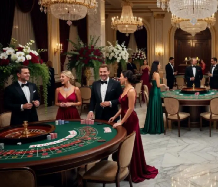 Luksusowa gala kasynowa z elegancką scenografią i stołami do gry w stylu pięciogwiazdkowego hotelu