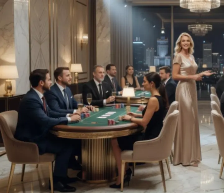 Luksusowy wieczór pokerowy w hotelu w Warszawie z elegancko ubranymi gośćmi przy profesjonalnych stołach pokerowych